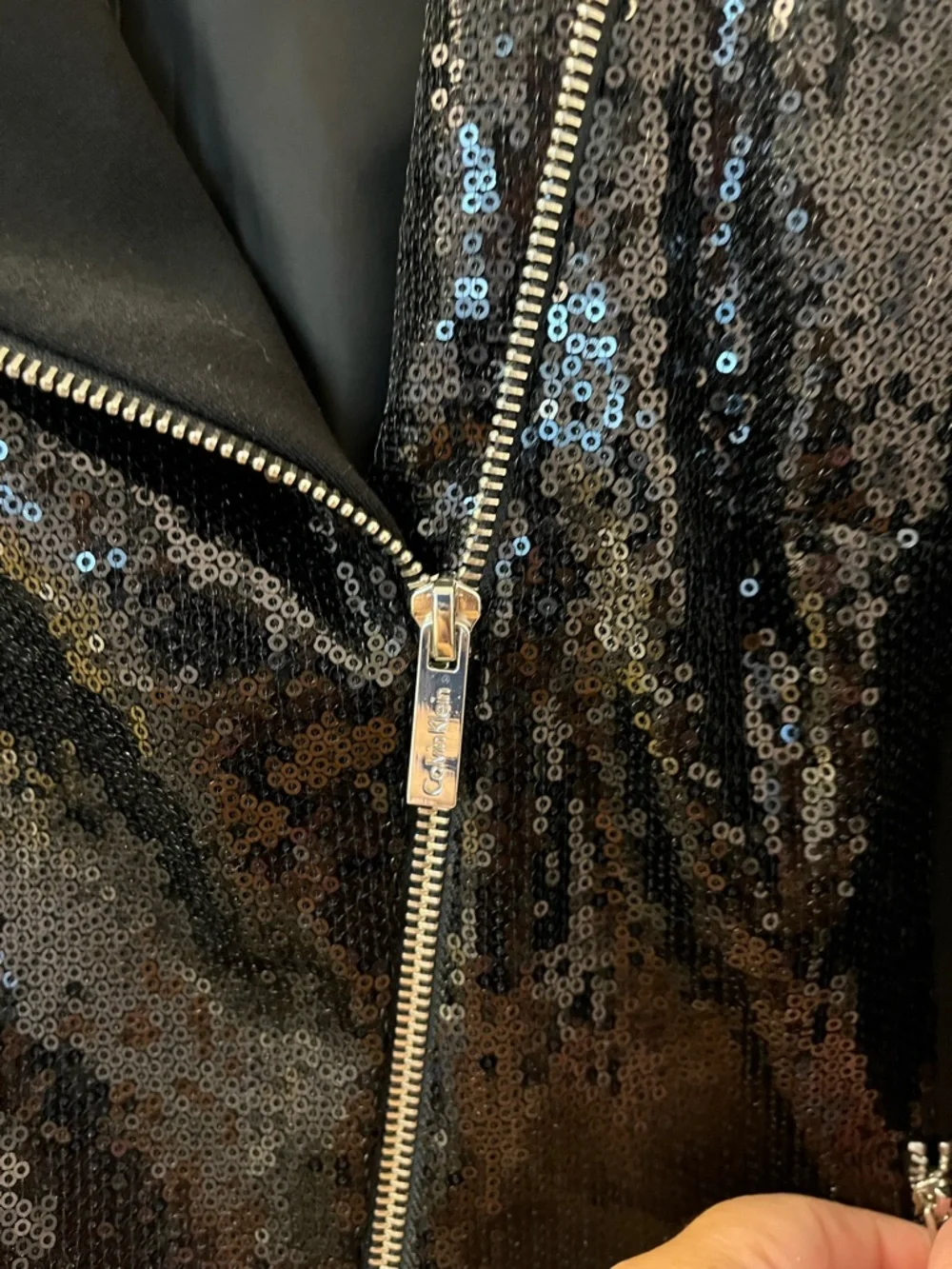 Calvin Klein Black Sequin Moto-Style Blazer Jacket PTP 19/L 21 - Picture 5 of 8